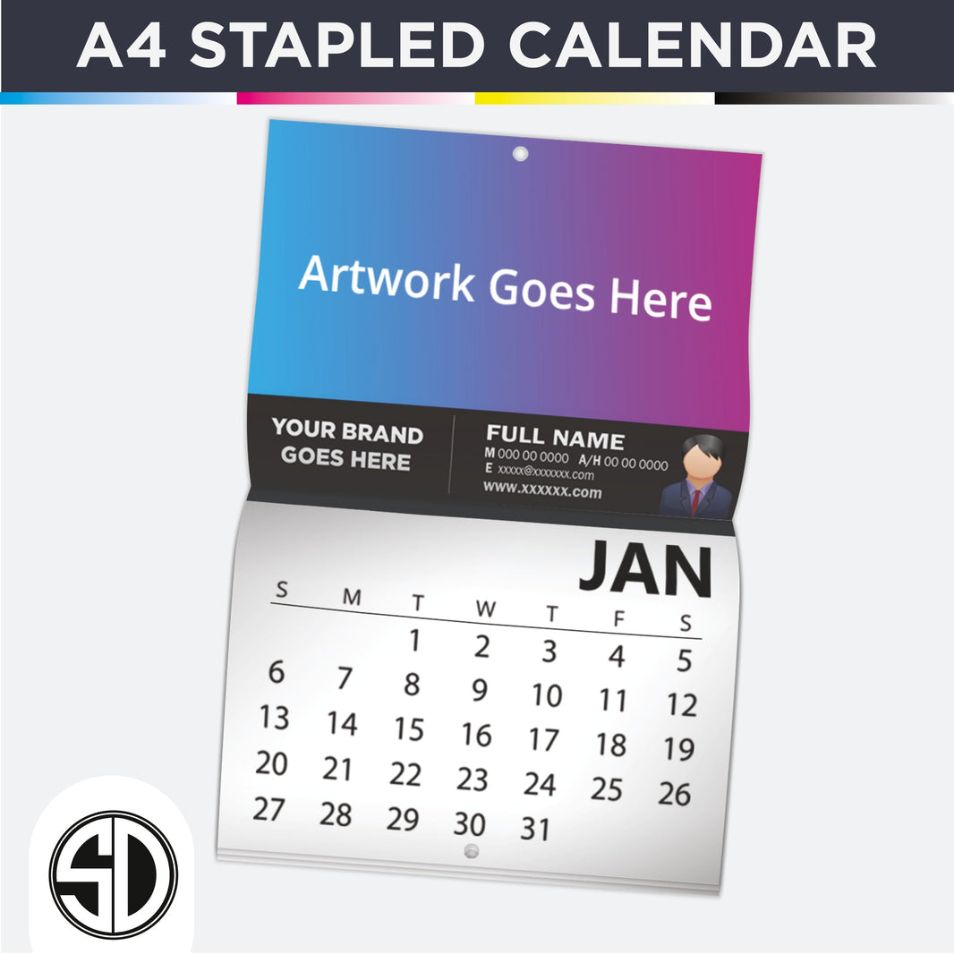 A4 Stapled Calendars 300 GSM Cover + 150 GSM Text - 28pp Leaves (A3 folded to A4)